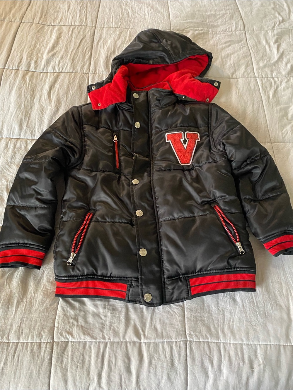 Kids Black and Red Hooded Puffer Jacket with 'V' Patch